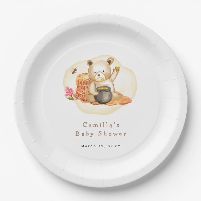 Mama To Bee Teddy Bear Honeycomb Baby Shower  Paper Plate (Front)