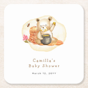 Mama To Bee Teddy Bear Honeycomb Baby Shower  Square Paper Coaster