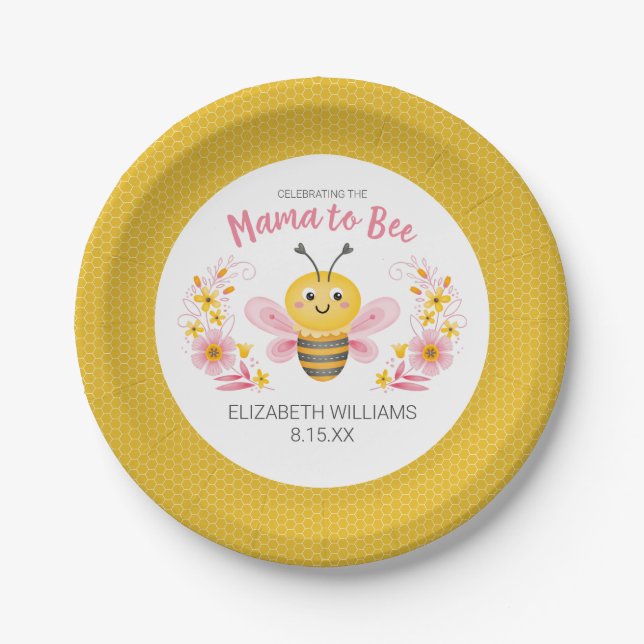 Mama to Bee Yellow Pink Baby Shower Paper Plate (Front)