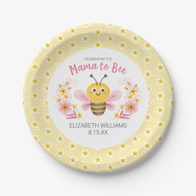 Mama to Bee Yellow Pink Girl Baby Shower Paper Plate (Front)