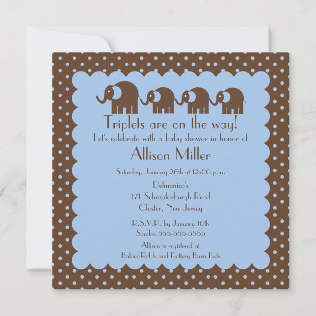 Mama & Triplet Baby Elephants Boy Baby Shower Invitation (Front)