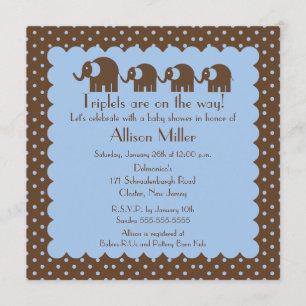 Mama & Triplet Baby Elephants Boy Baby Shower Invitation