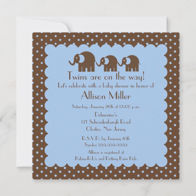 Mama & Twin Baby Elephants Boy Baby Shower Invitation (Front)
