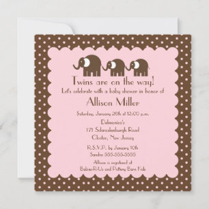 Mama & Twin Girls Baby Elephant Baby Shower Invitation
