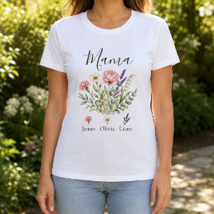 Mama Watercolor Flowers with Children's Names T-Shirt