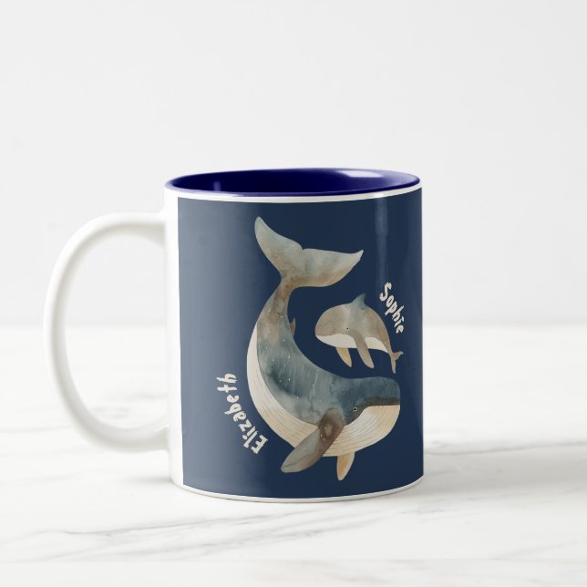 Mama Whale& Calf with Name Navy Blue Mother's Day  Two-Tone Coffee Mug (Left)