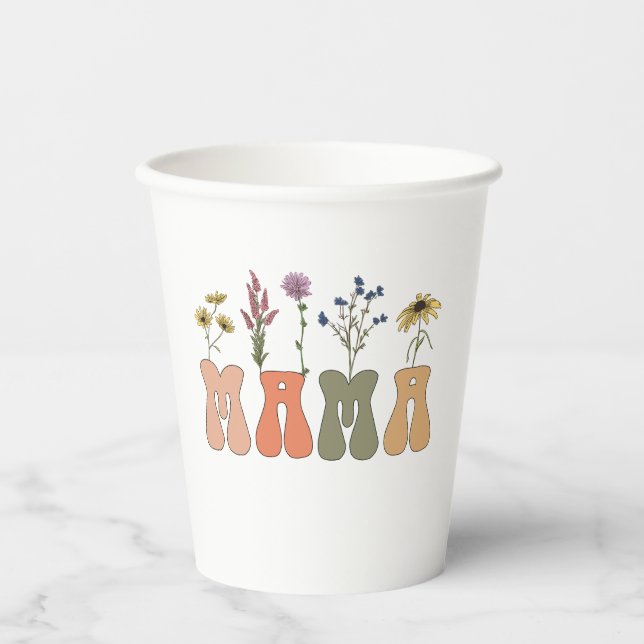 Mama Wildflower Mum Retro Groovy Floral  Paper Cups (Front)
