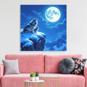Mama Wolf and her Cub Howling at Moon Canvas Print