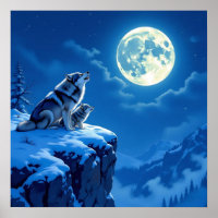Mama Wolf and her Cub Howling at Moon