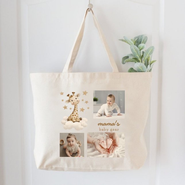 Mama's Baby Gear Photo Collage Cute Giraffe  Large Tote Bag (Mama's Baby Gear Photo Collage Cute Giraffe Large Tote Bag)