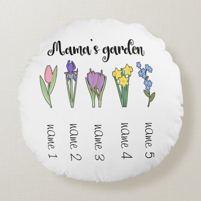 Mama's floral garden with 5 personalised names round cushion (Front)