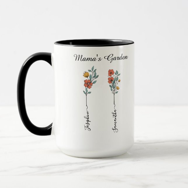 Mama's Garden Custom 2 Names Floral Gift for Mum Mug (Left)