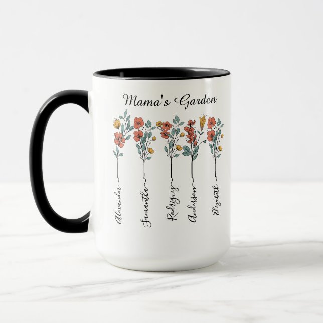 Mama's Garden Custom 5 Names Floral Gift for Mum Mug (Left)