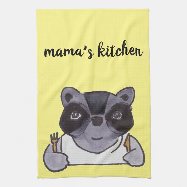 Mama's Kitchen Cute Cartoon Racoon Tea Towel (Vertical)