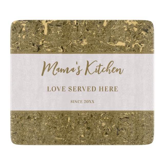 Mama's Kitchen Love Served Farmhouse Crushed Gold Cutting Board (Front)