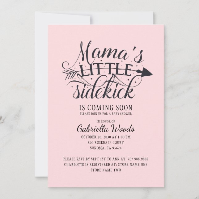 Mama's Little Sidekick Pink Baby Girl Shower  Invitation (Front)
