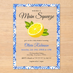 Mama's Main Squeeze Blue Tile Lemon Baby Shower  Acrylic Invitations