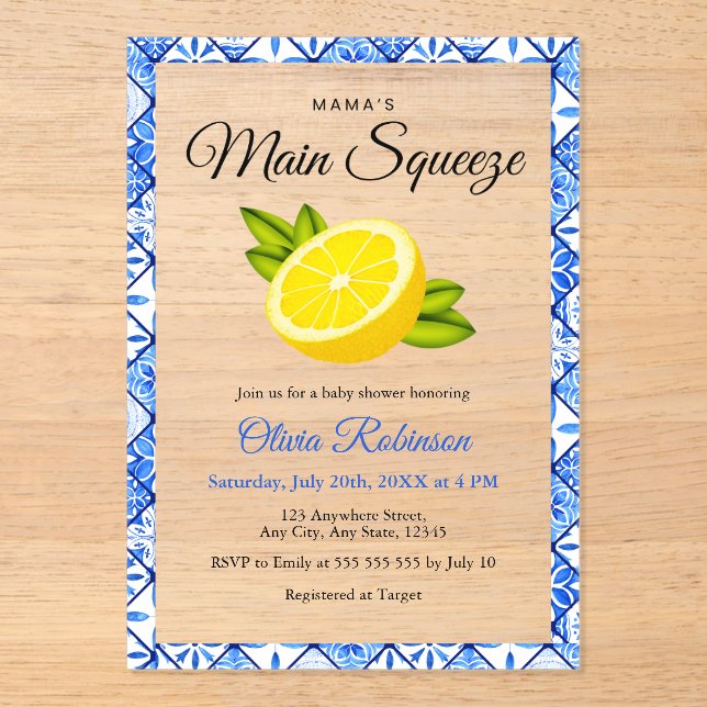Mama's Main Squeeze Blue Tile Lemon Baby Shower  Acrylic Invitations (Front)