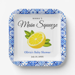 Mama's Main Squeeze Blue Tile Lemon Baby Shower  Paper Plate