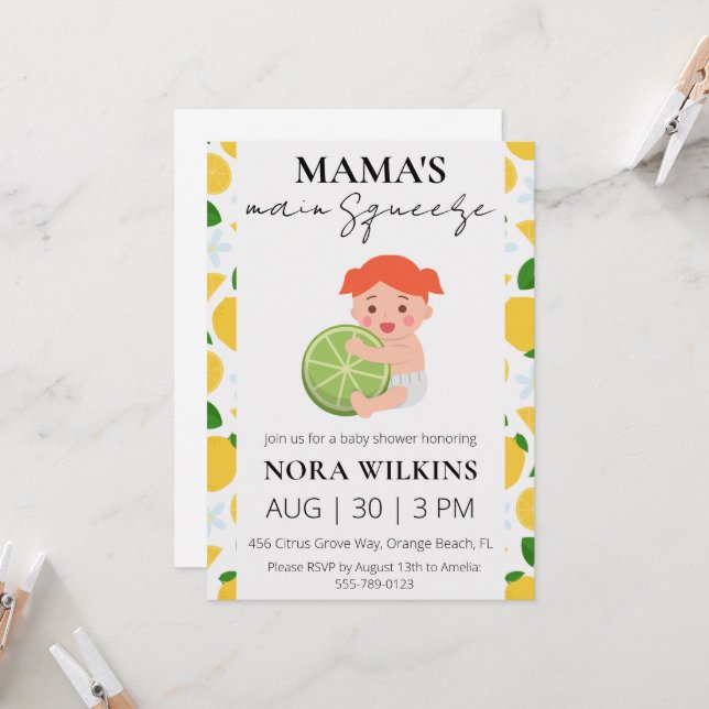 Mama's main squeeze citrus baby shower invitation (Front/Back In Situ)
