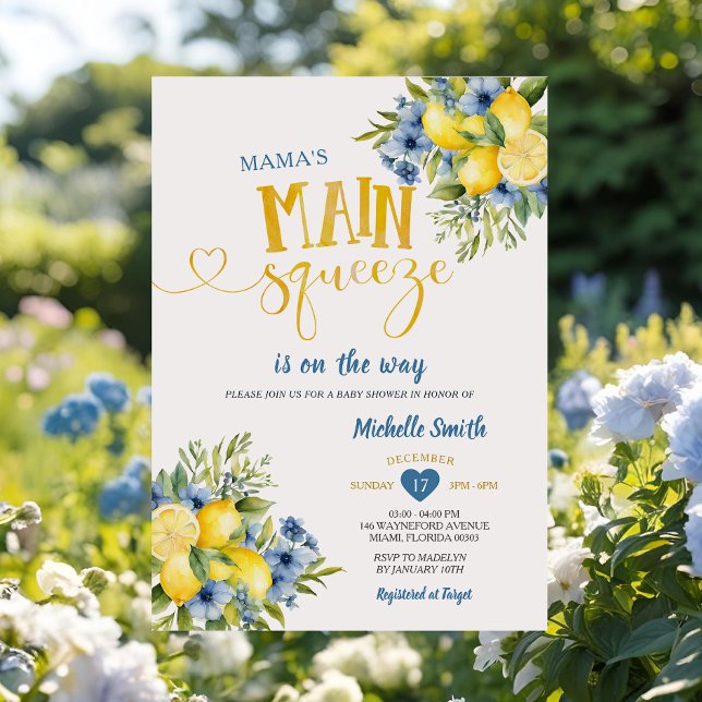 Mama's Main Squeeze Lemon Blue Floral Baby Shower Invitation (Creator Uploaded)