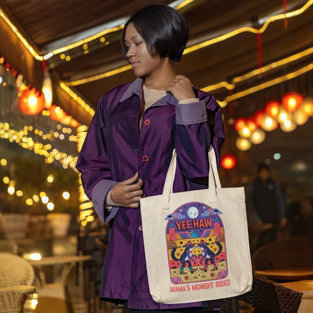 Mama's Midnight Rodeo Funny Mum Life Yee Haw Tote Bag (woman carrying a tote bag shopping at a late night market after the kids are in bed)