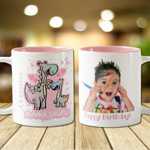 Mamasaurus Dino Mom Happy Birthday Photo Custom Two-Tone Coffee Mug