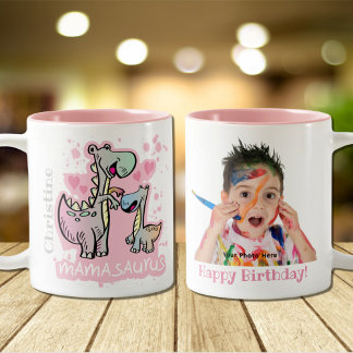 Mamasaurus Dino Mum Happy Birthday Photo Custom Two-Tone Coffee Mug