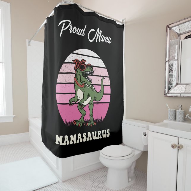 Mamasaurus Funny Dinosaur on Pink Colours Sunset Shower Curtain (In Situ)