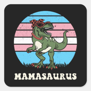 Mamasaurus Funny Dinosaur on Trans Flag Sunset Square Sticker