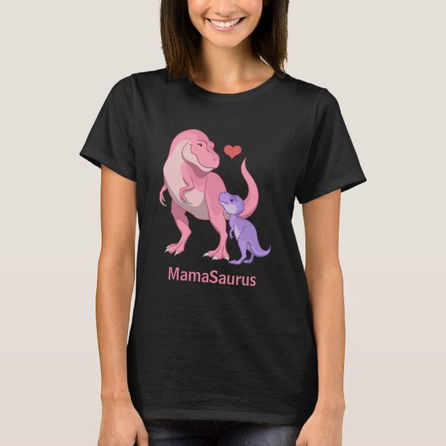 MamaSaurus Pink T-Rex and Purple Baby Dinosaur T-Shirt (Front)