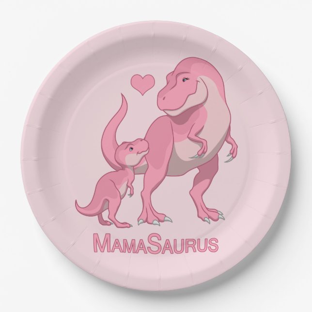 MamaSaurus T-Rex and Baby Girl Dinosaurs Paper Plate (Front)