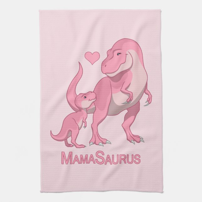 MamaSaurus T-Rex and Baby Girl Dinosaurs Tea Towel (Vertical)