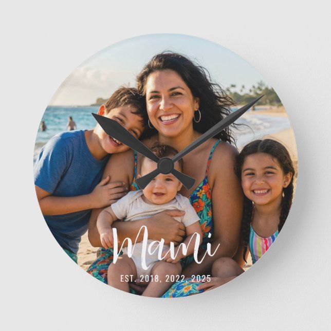 Mami Established Modern White Script Photo Round Clock (Front)