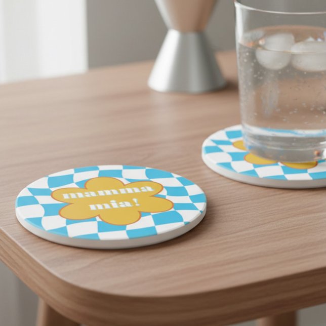 Mamma Mia Retro Groovy Blue Yellow Dopamine Decor Coaster (70s aesthetic mamma mia blue and yellow coaster by Darling & May)