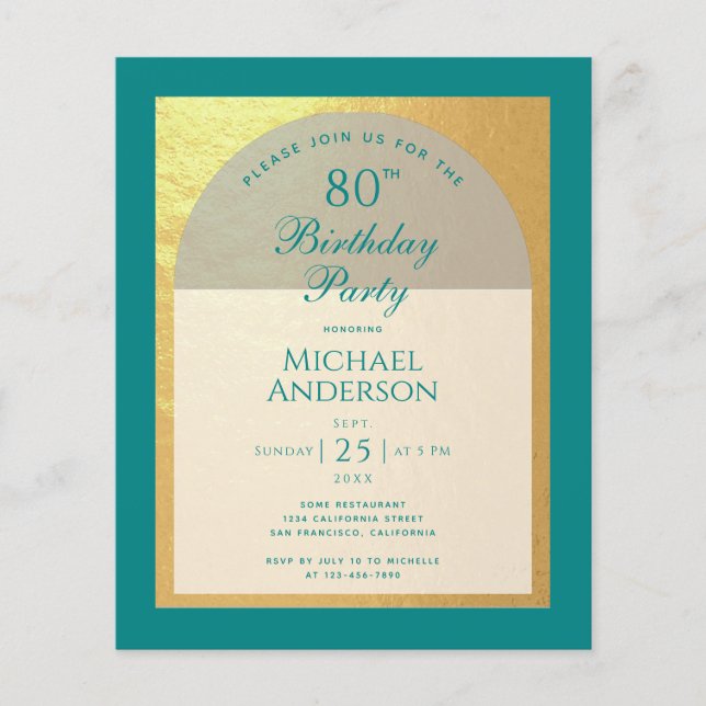 Man 80th Birthday Faux Gold Teal Budget Invitation (Front)