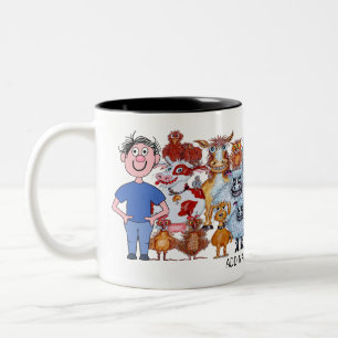 Man and animals cartoon Two-Tone coffee mug