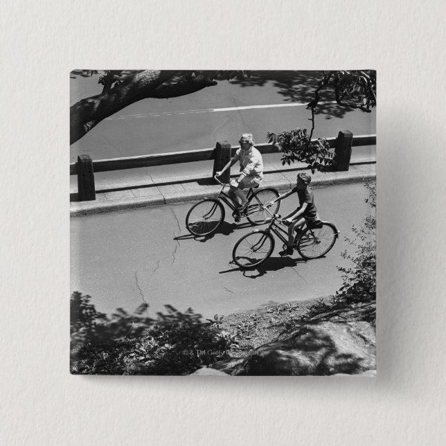 Man and Boy Cycling 15 Cm Square Badge (Front)