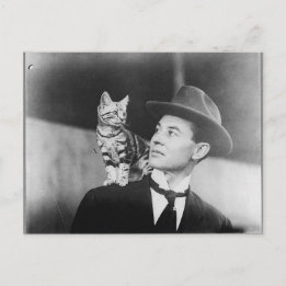 Man and cat black and white postcard
