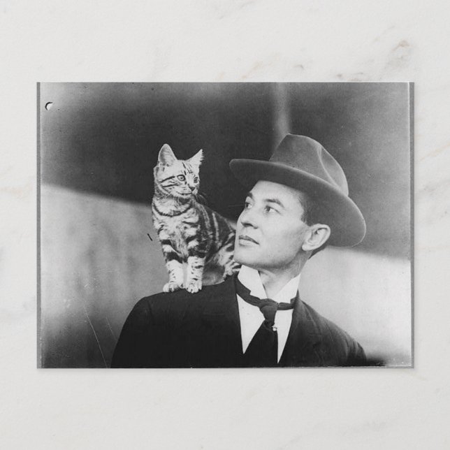 Man and cat black and white postcard (Front)