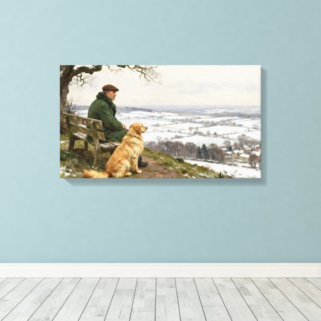 Man and Dog Enjoying Winter Countryside Vista Canvas Print (Insitu(Wood Floor))