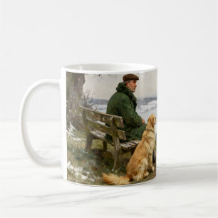 Man and Dog Enjoying Winter Countryside Vista Coffee Mug