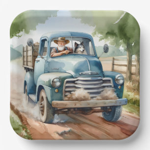 Man and Dog In Old Blue Truck Paper Plate