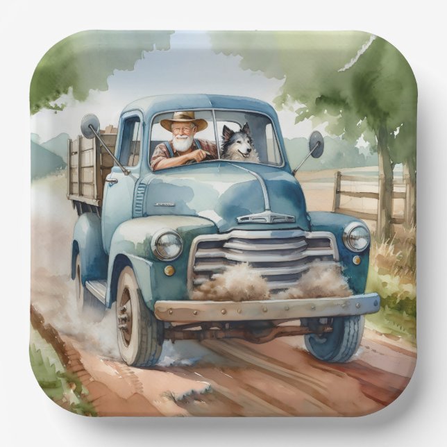 Man and Dog In Old Blue Truck Paper Plate (Front)