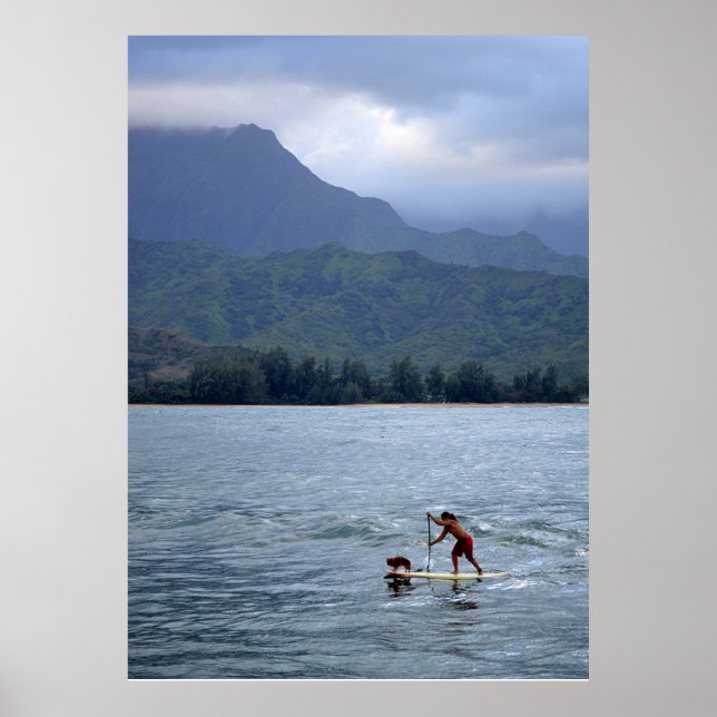 Man and Dog on Paddleboard in Hanalei Bay Poster (Front)