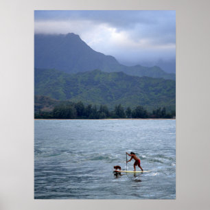 Man and Dog on Paddleboard in Hanalei Bay Poster