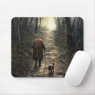 Man and His Dog Walking Uphill in a Dark Woods Mouse Mat