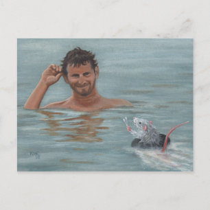 Man and rat swimming cotton swab Postcard