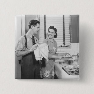 Man and Woman Doing Dishes 15 Cm Square Badge