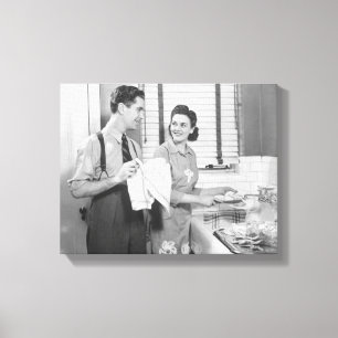 Man and Woman Doing Dishes Canvas Print